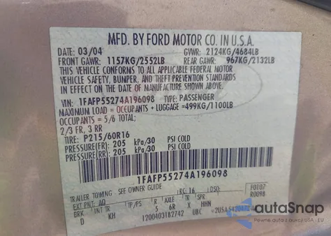 2004 Ford Taurus Ses из США, поврежденный, VIN 1FAFP55274A196098